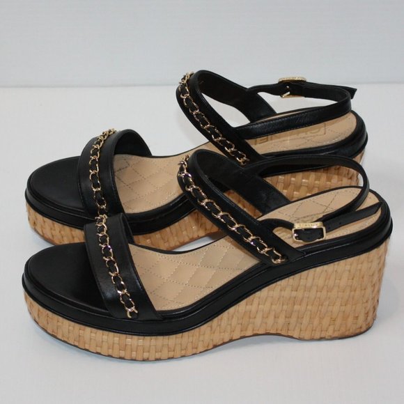 Chanel 20C Black Leather CC Chain Wicker Platform Wedge Sandal EU 40.5 / US 10.5 - Picture 4 of 11